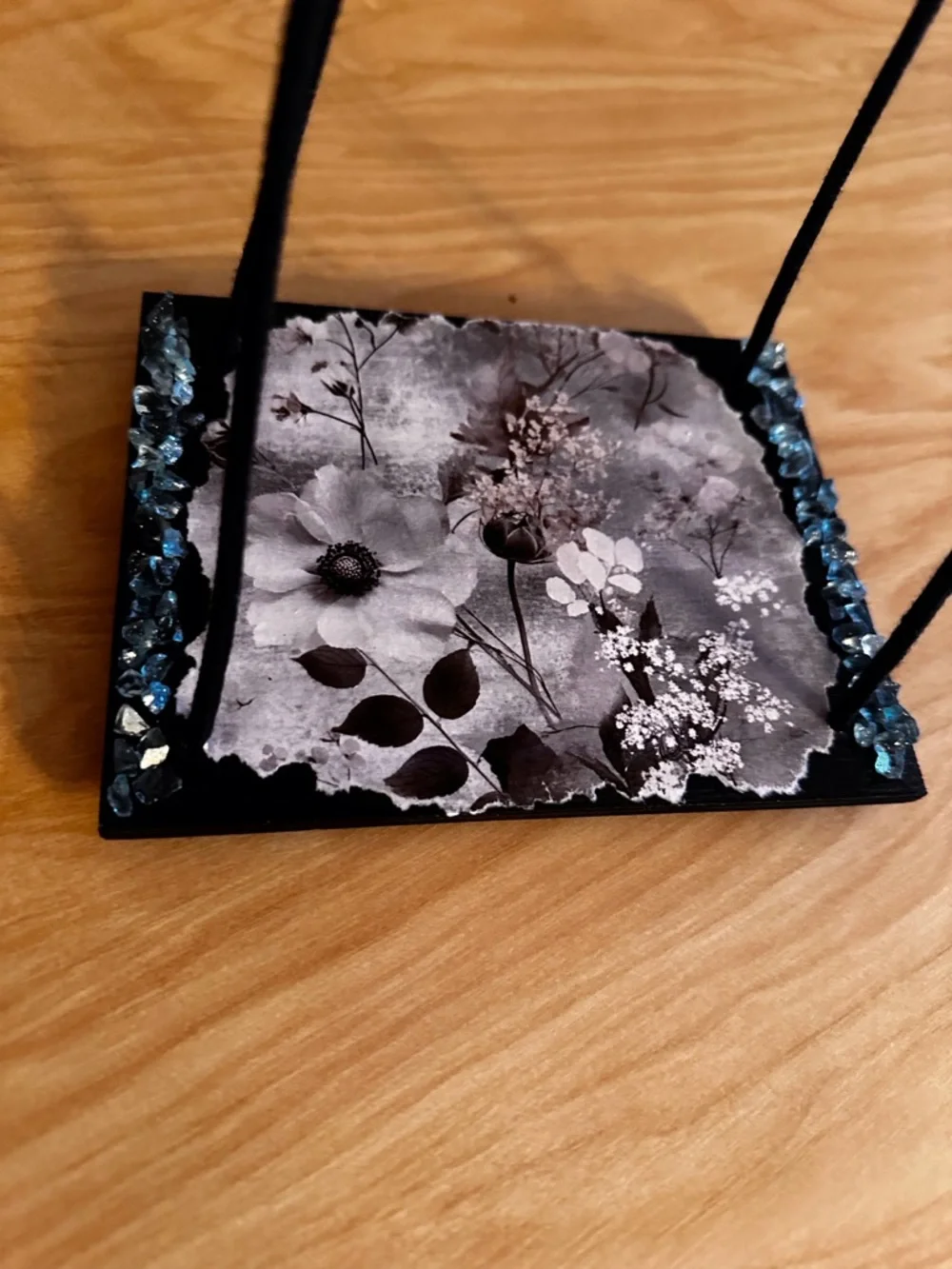 Hand crafted Floral Hanging shelf with Black Cord